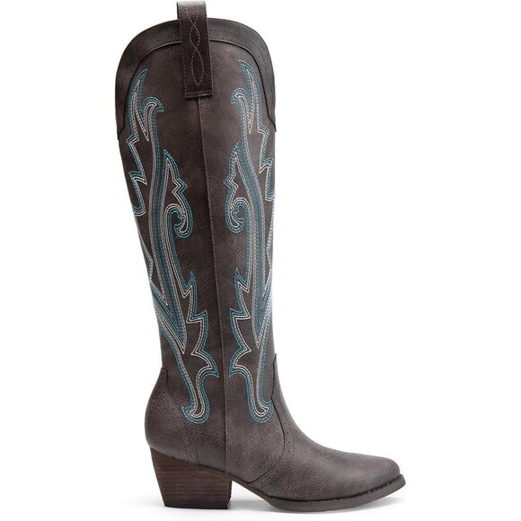 DREAM PAIRS Womens Brown Cowboy Boots Wide Calf Knee High Ladies - Picture 2 of 9